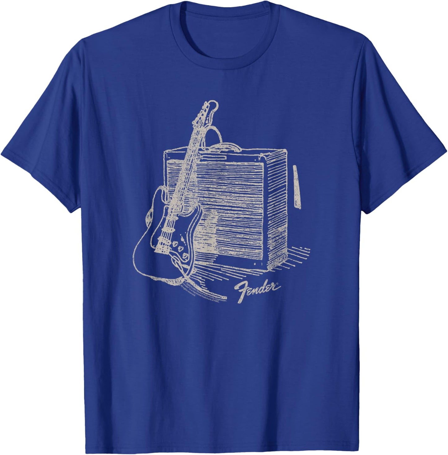 Fender Guitar Resting On Amplifier Retro Outline Image T-Shirt - T-Shirt | Royal
