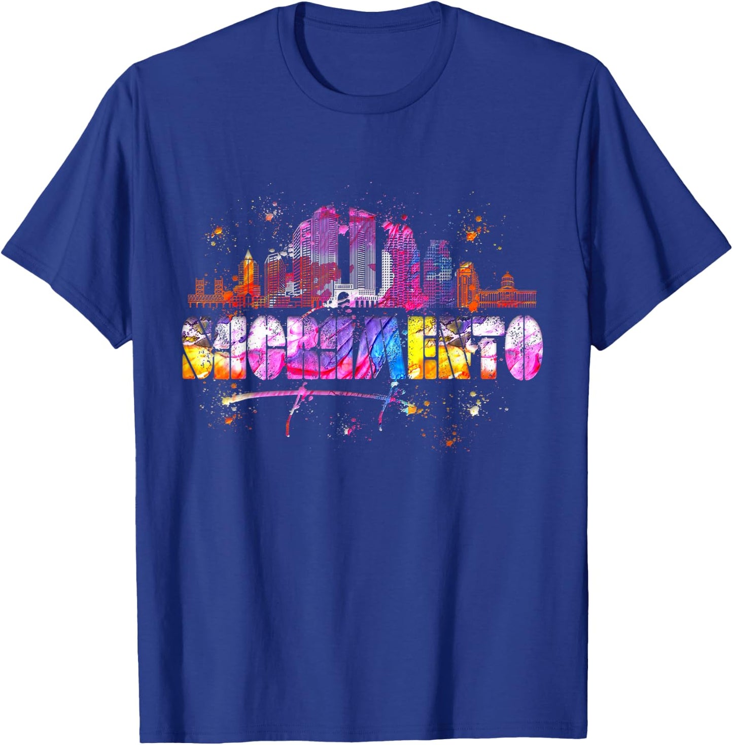 Watercolor Sacramento Skyline - Sacramento Lettering T-Shirt - T-Shirt | Royal