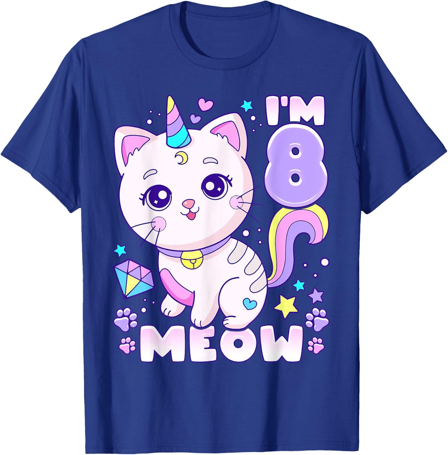 Birthday girl 8 years old, cat, unicorn, 8th birthday T-Shirt - T-Shirt | Royal