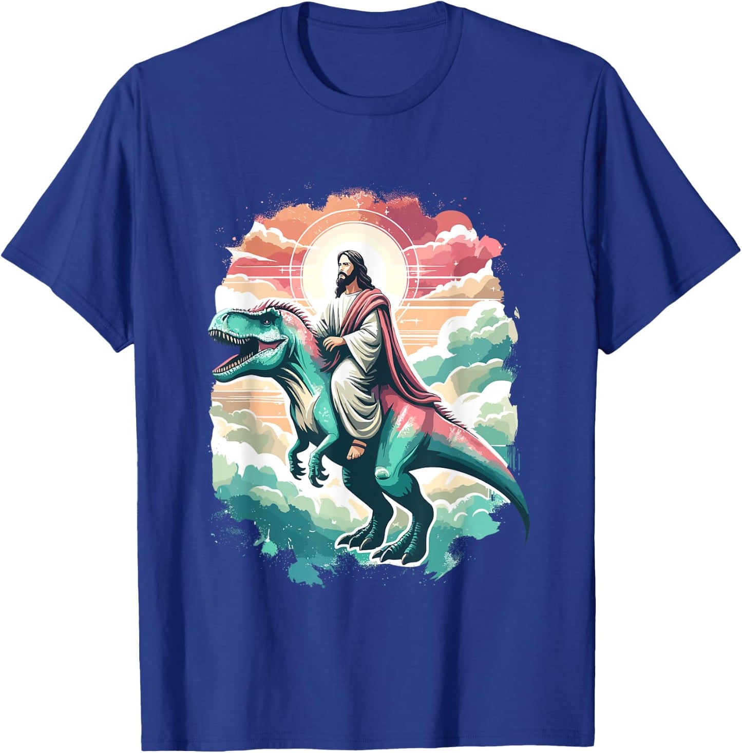 Funny Jesus Riding T-Rex Dinosaur Meme Parody for Believers T-Shirt - T-Shirt | Royal