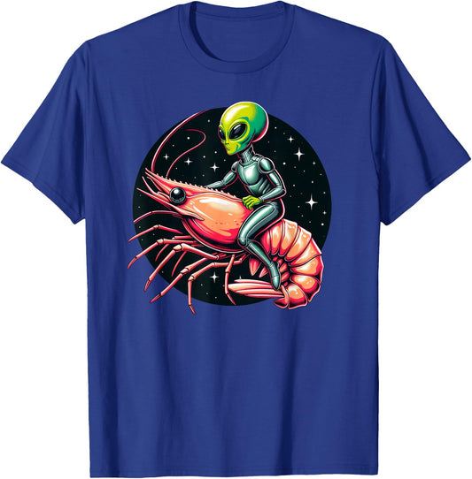 Funny Alien Riding Shrimp Humorous UFO T-Shirt - T-Shirt | Royal