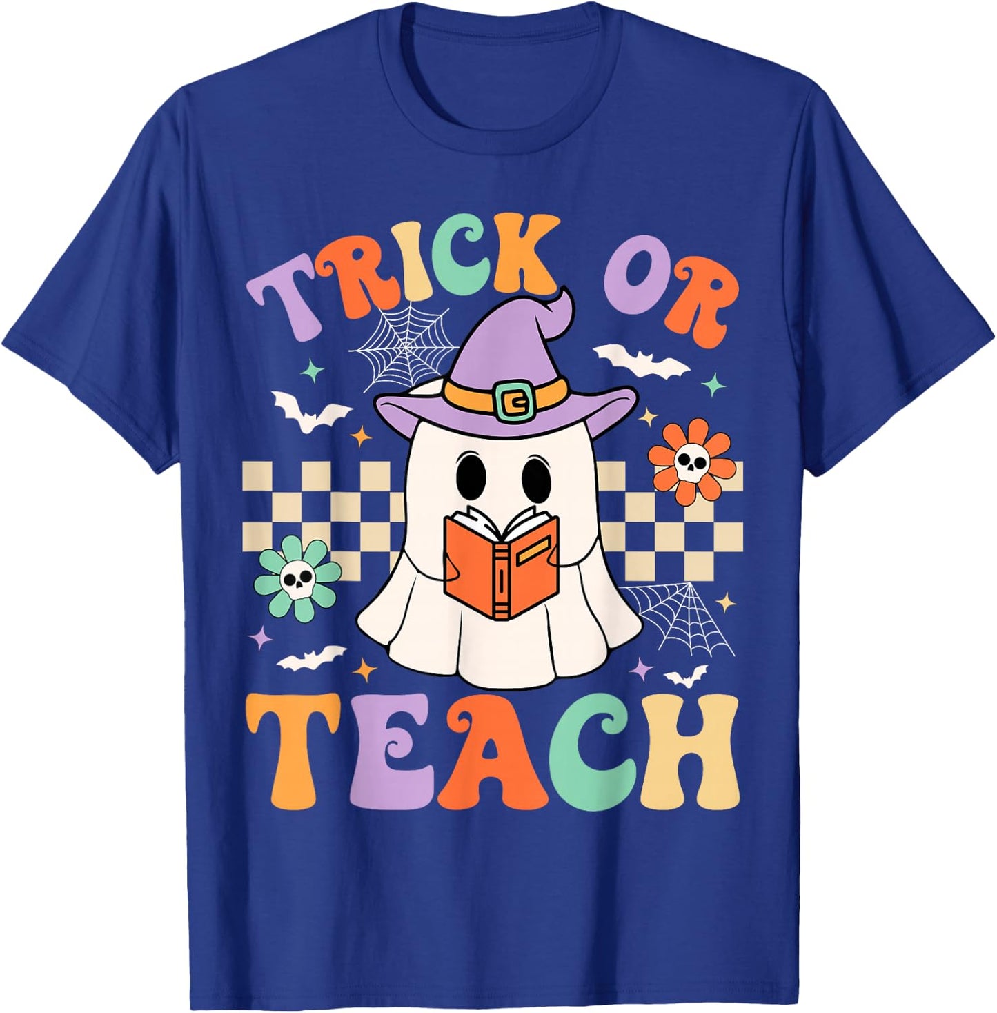 Trick Or Teach Groovy Teacher Halloween Retro Floral Ghost T-Shirt - T-Shirt | Royal
