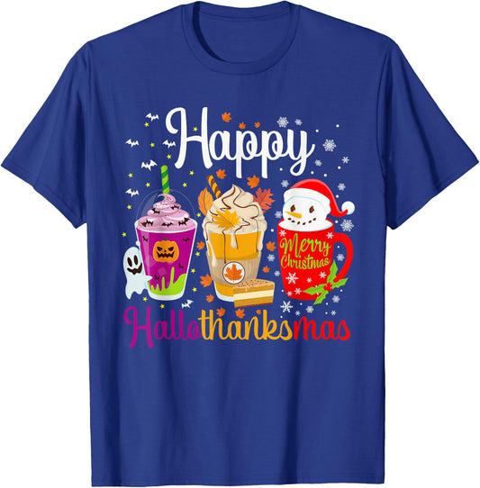 Happy Hallothanksmas Drinks Halloween Thanksgiving Christmas T-Shirt - T-Shirt | Royal