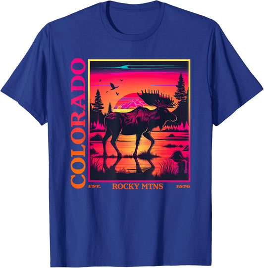 Colorado Mountain Moose Retro Vintage 80s Elk T-Shirt - T-Shirt | Royal