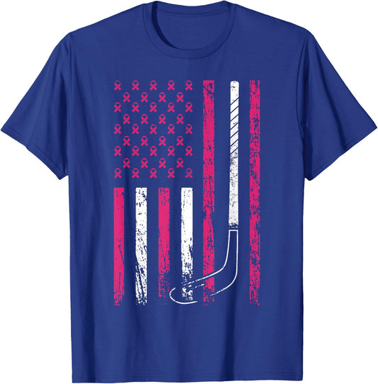 American Sports Flag Breast Cancer Awareness Ice Hockey T-Shirt - T-Shirt | Royal