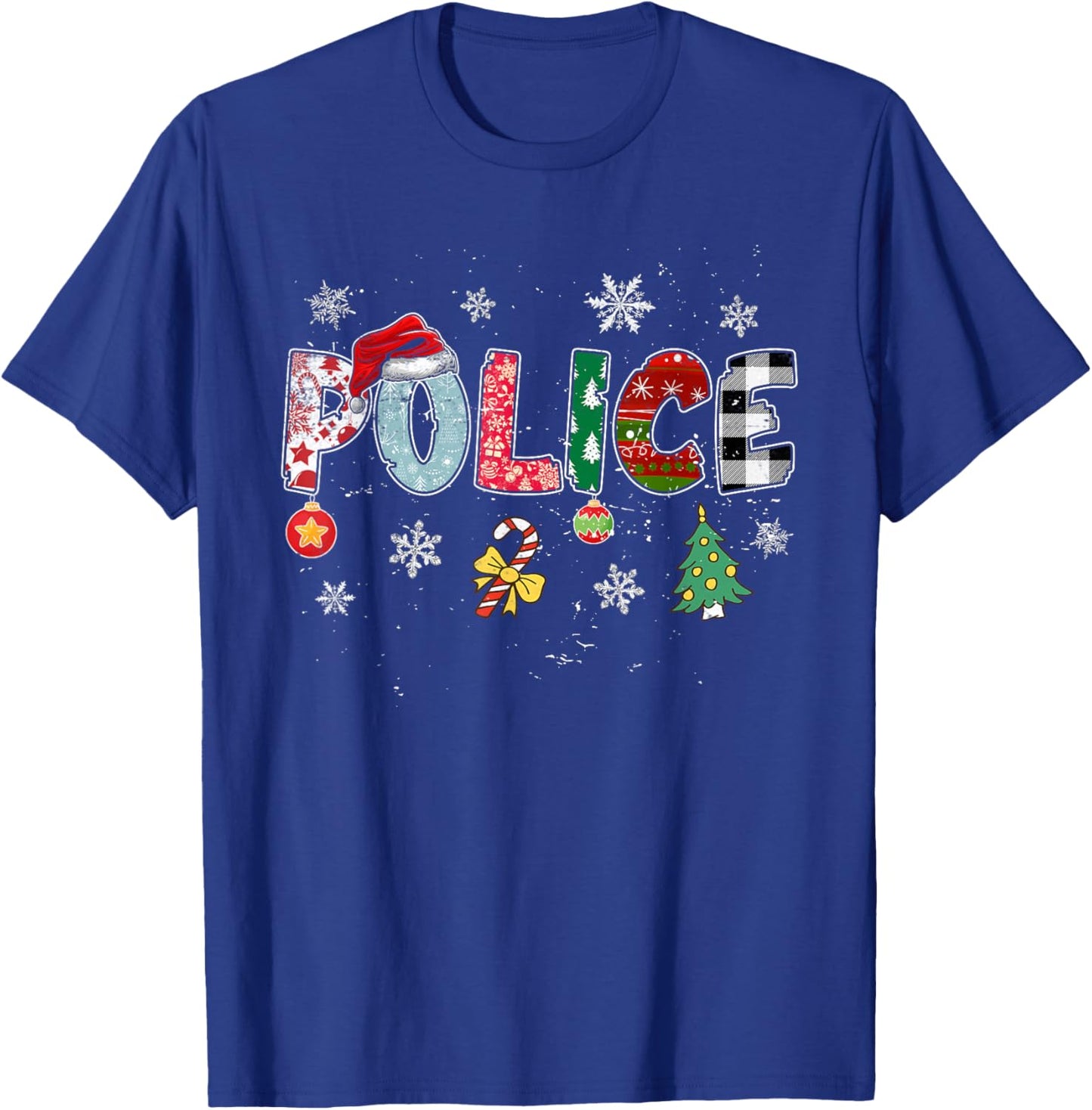 Police Christmas Santa Hat Funny Xmas Tree Plaid Pajama T-Shirt - T-Shirt | Royal