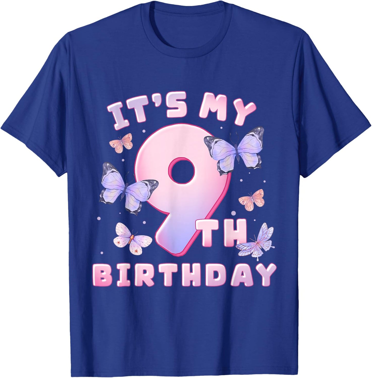 9th Birthday Girl Butterflies and Number 9 Cute Kids T-Shirt - T-Shirt | Royal