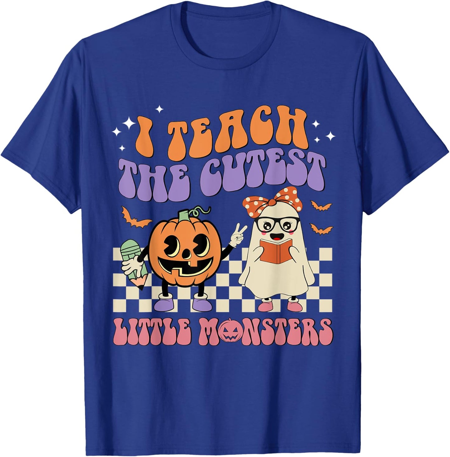 I Teach The Cutest Little Monster Retro Teacher Halloween T-Shirt - T-Shirt | Royal