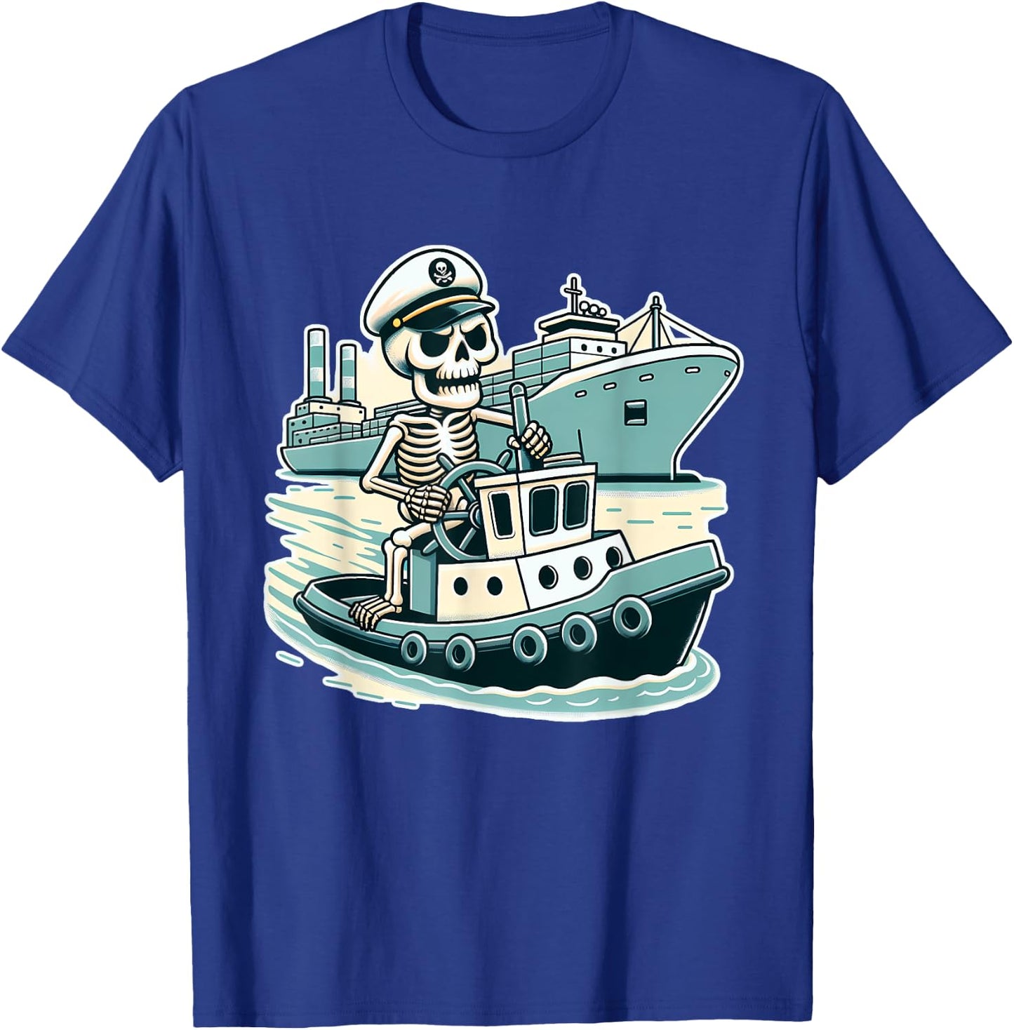 Halloween Skeleton Tugboat Captain T-Shirt - T-Shirt | Royal