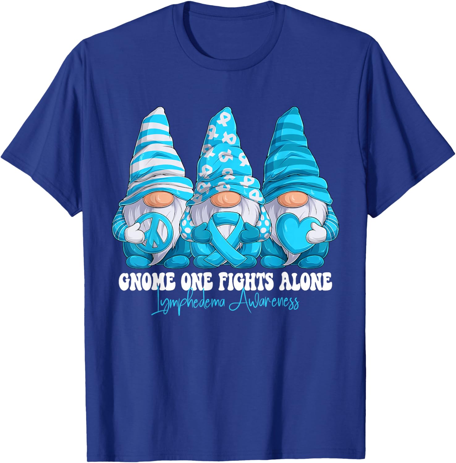 Lymphedema Awareness Month Light Blue Ribbon Gnomies Support T-Shirt - T-Shirt | Royal
