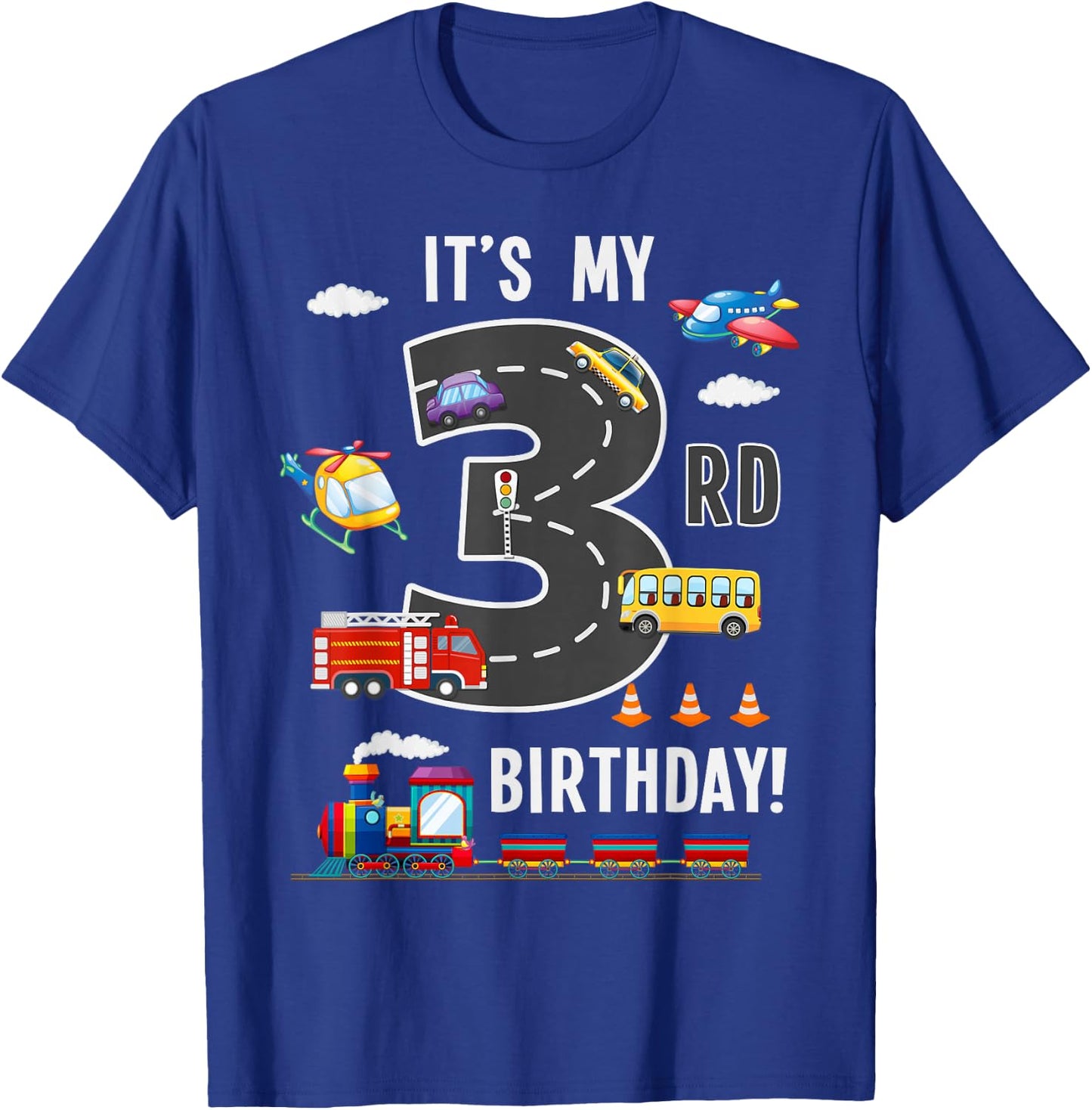Its My 3rd Birthday Boy 3 Bday Train Car Fire Truck Airplane T-Shirt - T-Shirt | Royal