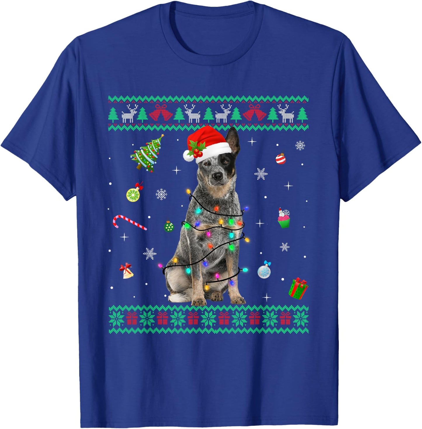 Ugly Sweater Australian Cattle Dog Christmas Light Santa Hat T-Shirt - T-Shirt | Royal
