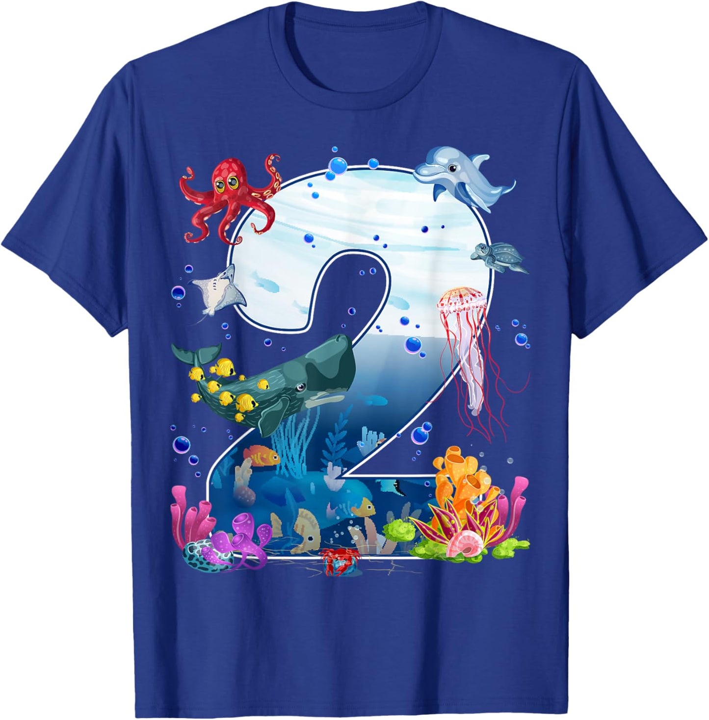 2nd Birthday Party Ocean 2 Year Old Sea Fish Aquarium Boy T-Shirt - T-Shirt | Royal