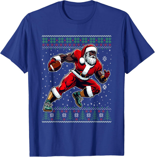 African American Santa Football Ugly Christmas Sweater T-Shirt - T-Shirt | Royal