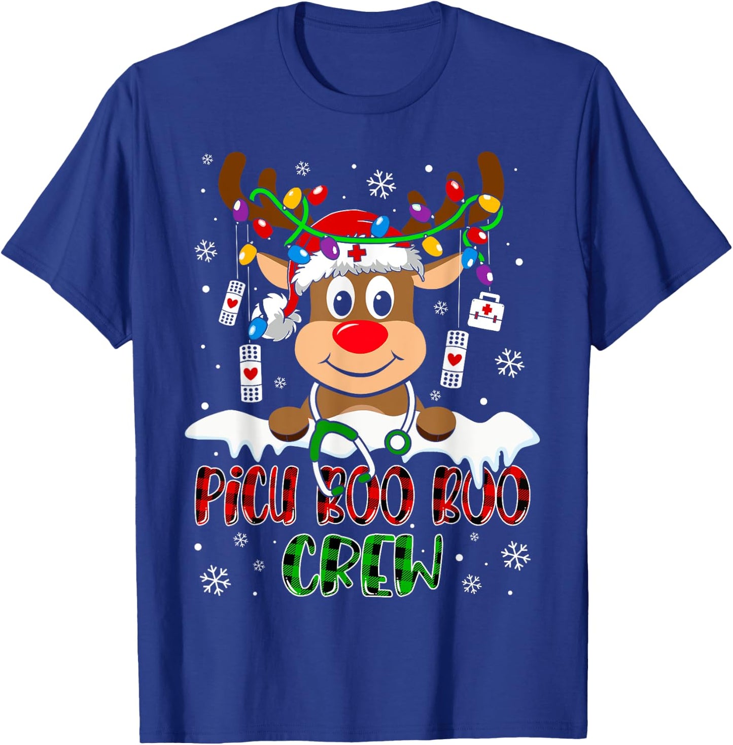 PICU Nurse Boo Crew Reindeer Nurse Buffalo Plaid Christmas T-Shirt - T-Shirt | Royal
