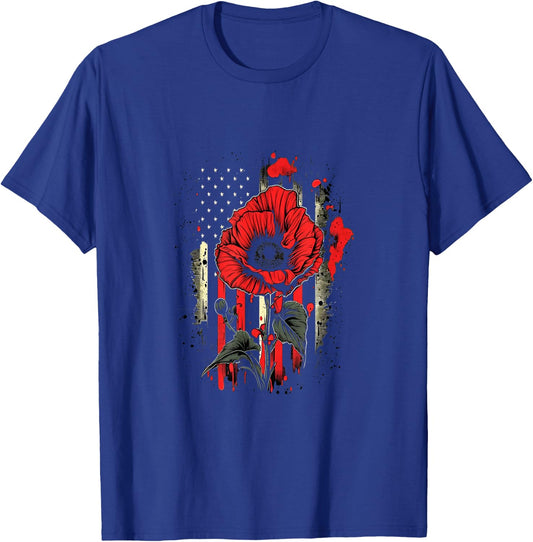 Memorial Day Red Poppy Flower American Flag USA 4th of July T-Shirt - T-Shirt | Royal