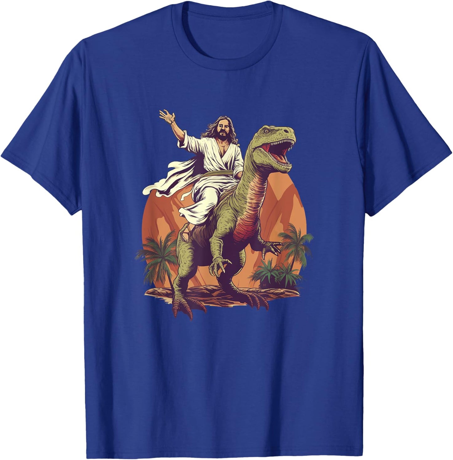 Funny Jesus Riding T-Rex Dinosaur Meme Parody for Believers T-Shirt - T-Shirt | Royal