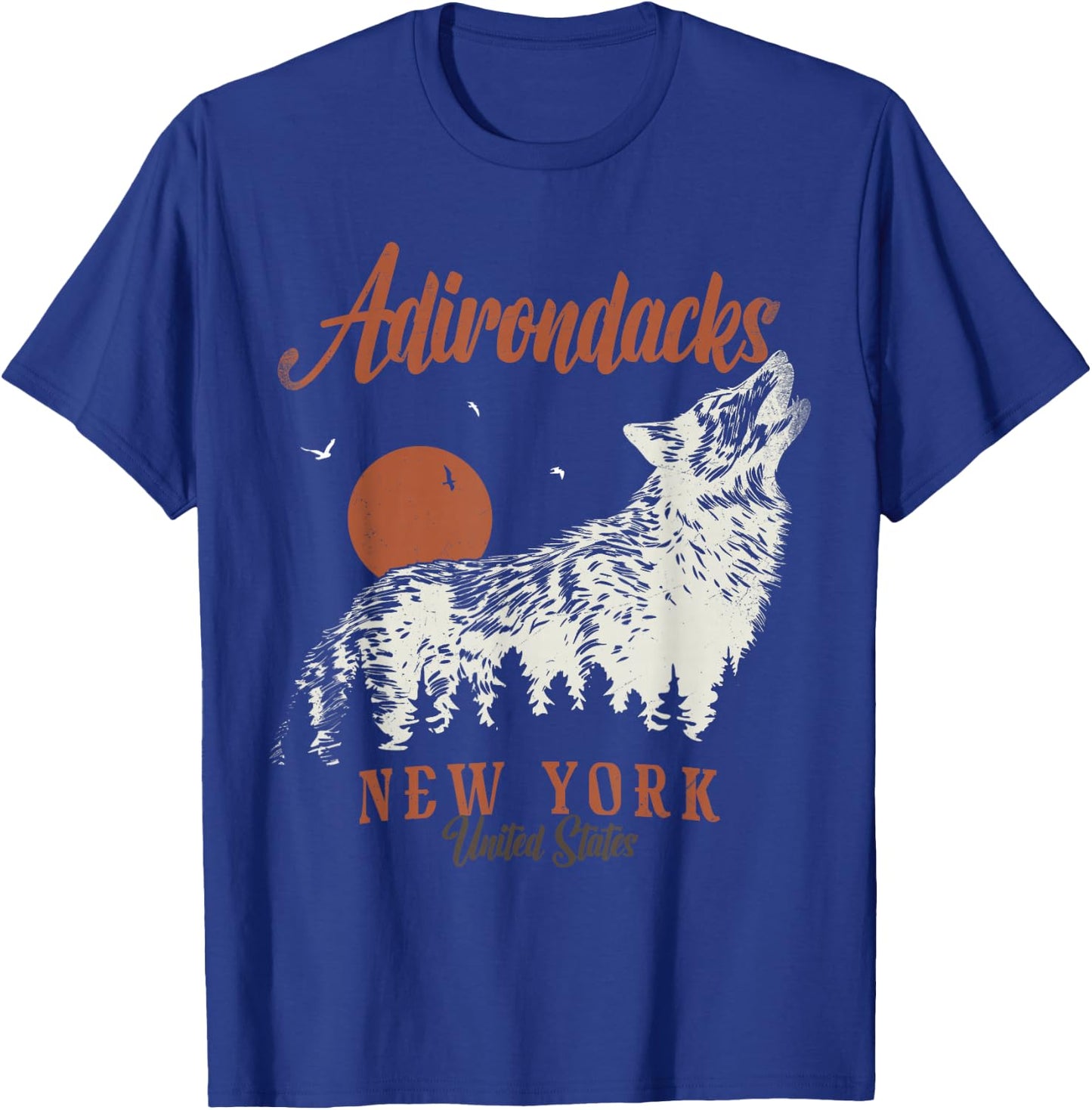 Vintage Adirondacks Mountains New York Forest Wolf T-Shirt - T-Shirt | Royal