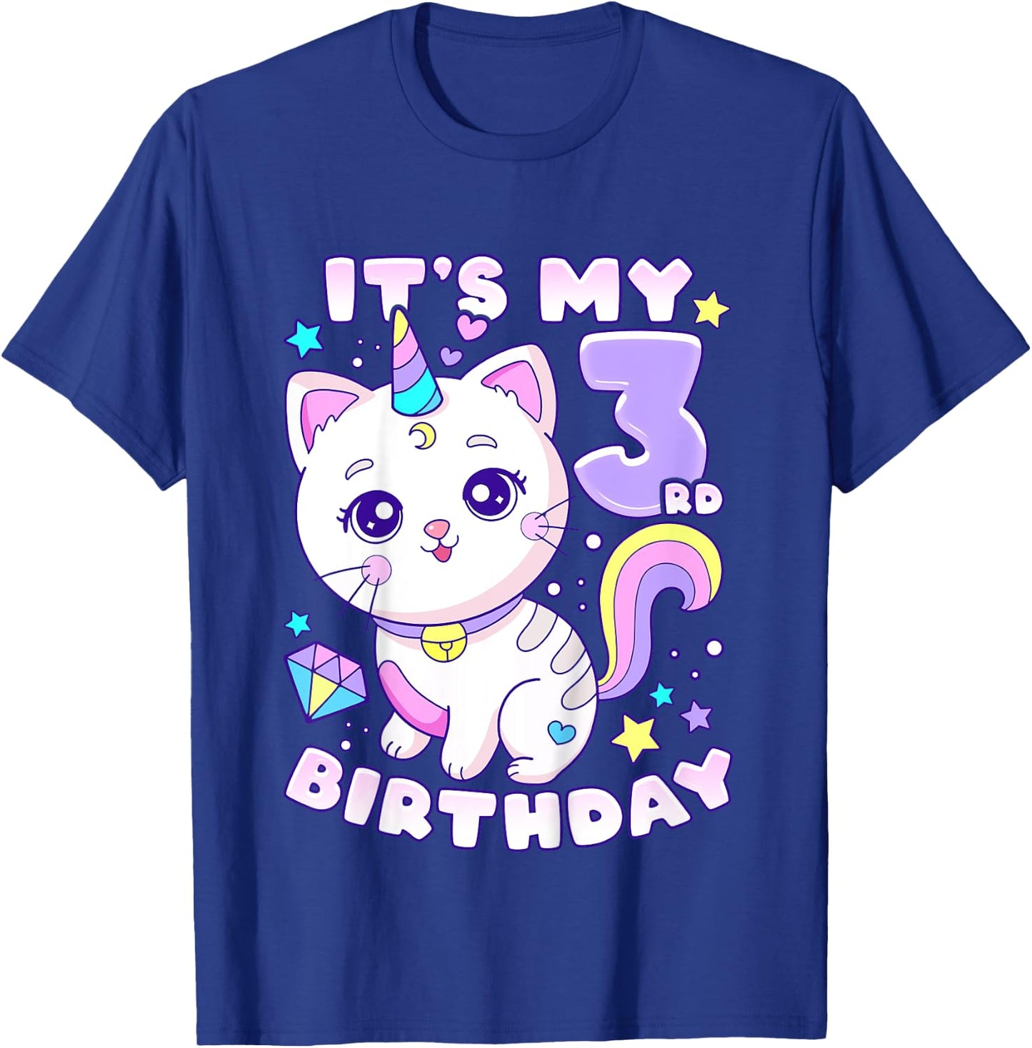 Birthday girl 3 years old, cat, unicorn, 3rd birthday T-Shirt - T-Shirt | Royal
