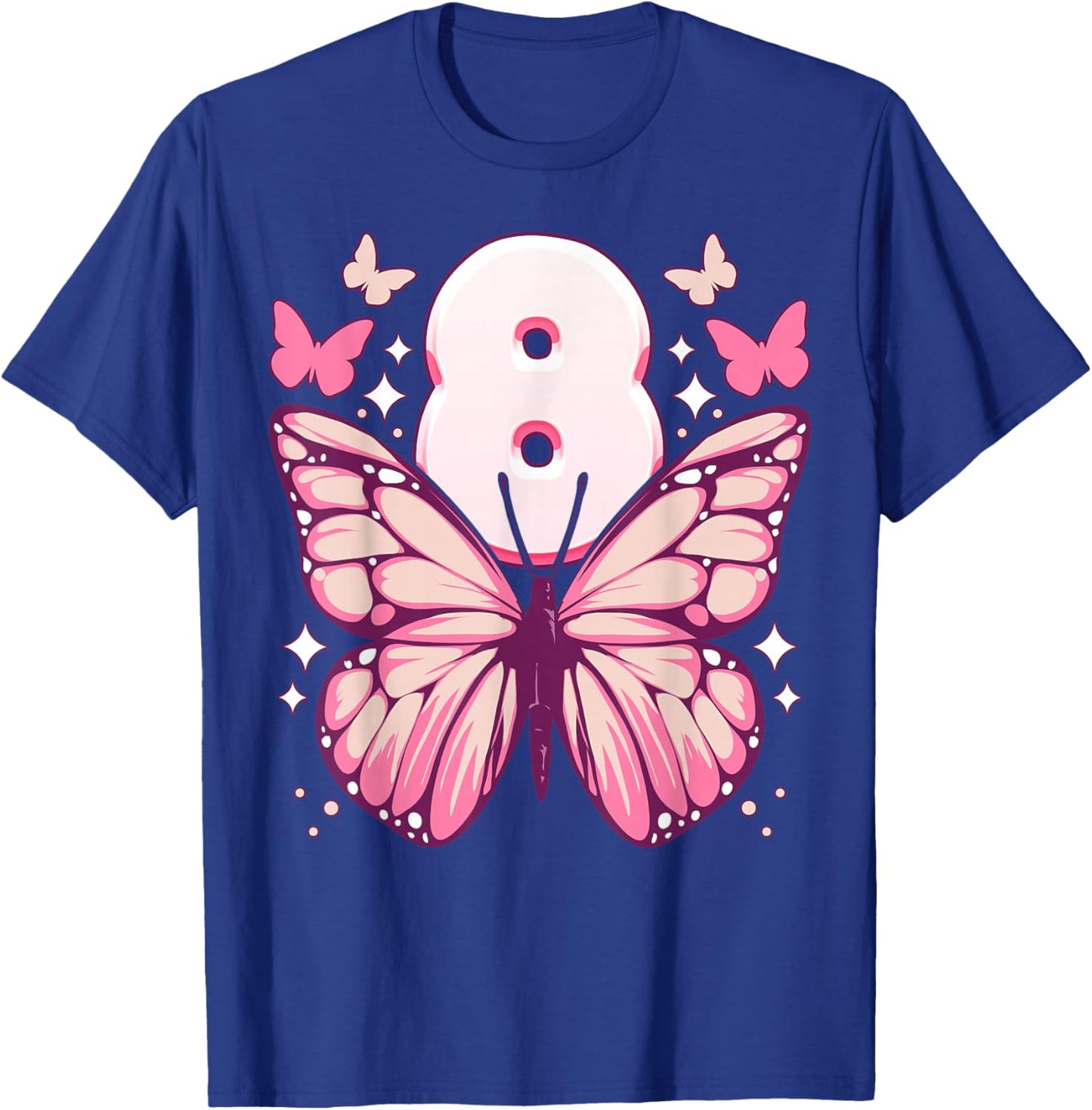 Birthday Girl 8 Years, Butterflies and Number 8 T-Shirt - T-Shirt | Royal