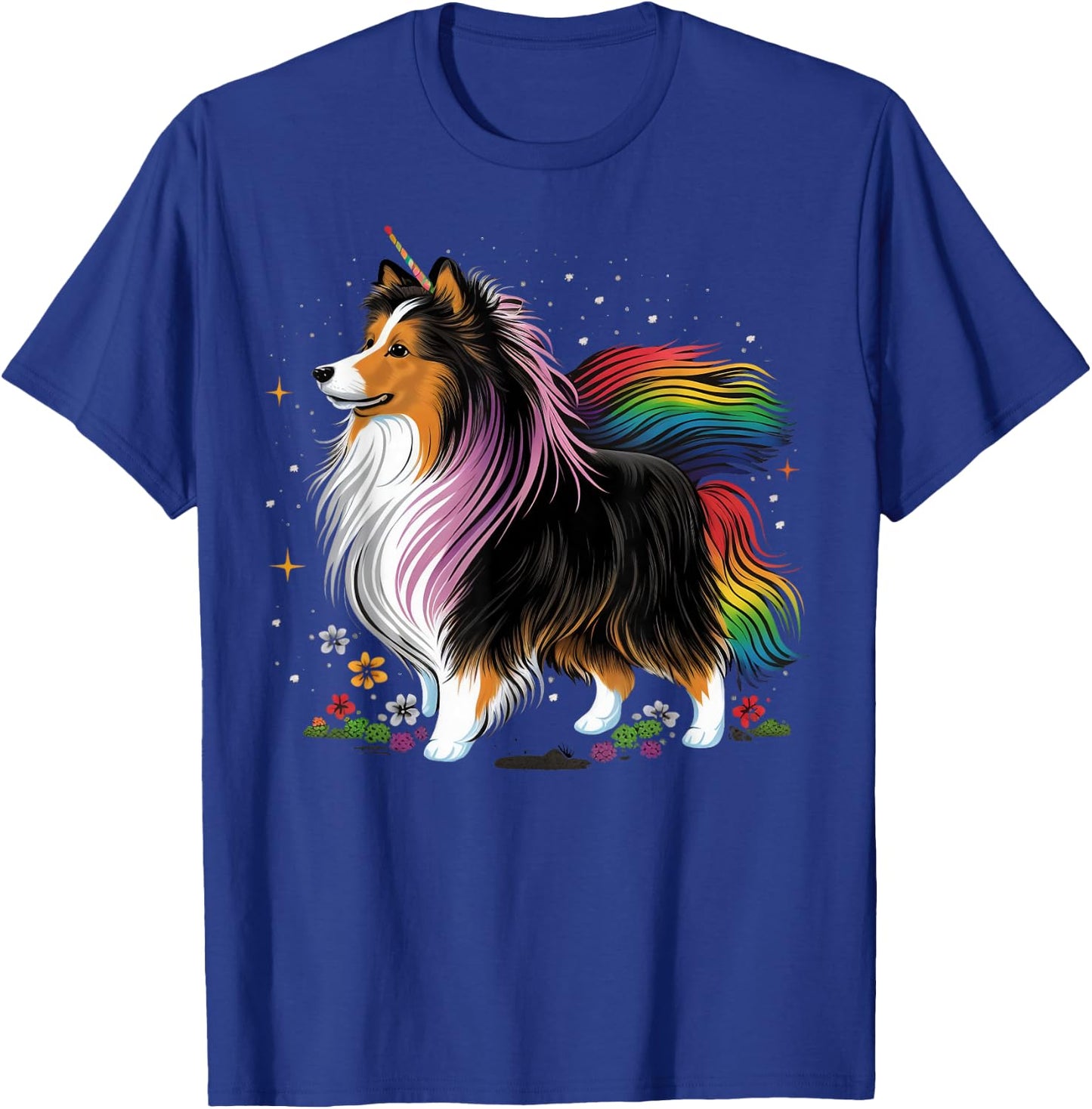 Sheltie Unicorn on Rainbow Unicorn Shetland Sheepdog T-Shirt - T-Shirt | Royal