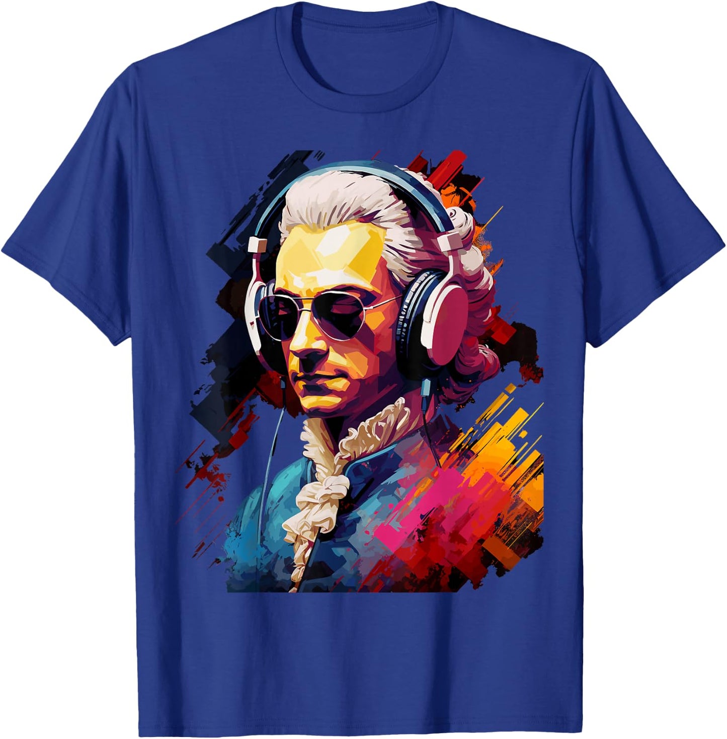 Colorful Mozart With Headphones - Classic Music Themed T-Shirt - T-Shirt | Royal