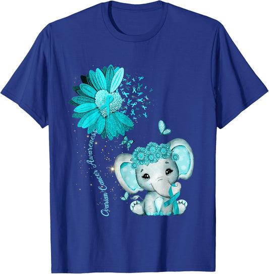 Ovarian Cancer Awareness Sunflower Teal Ribbon Elephant T-Shirt - T-Shirt | Royal