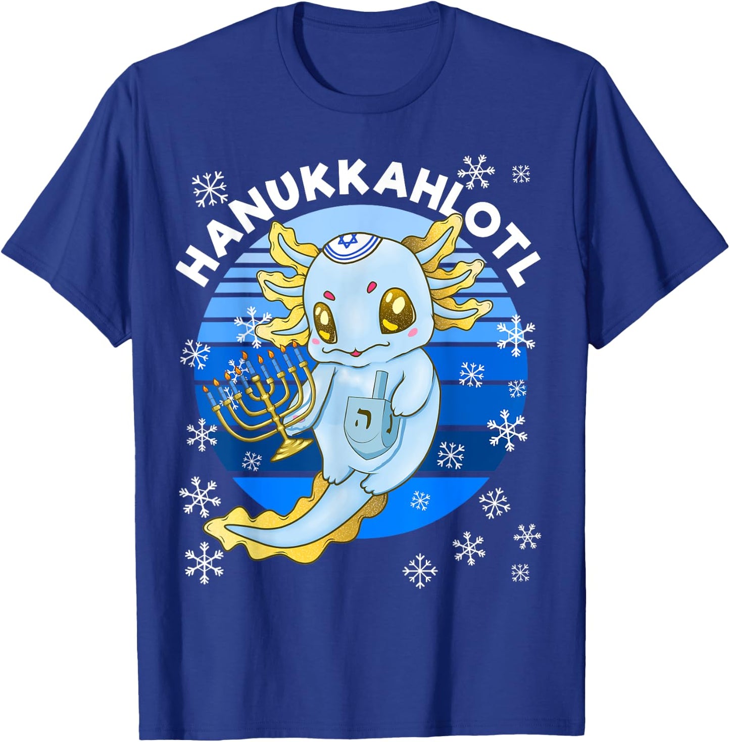 Axolotl Hanukkah With Dreidel Menorah Men Women Kids T-Shirt - T-Shirt | Royal
