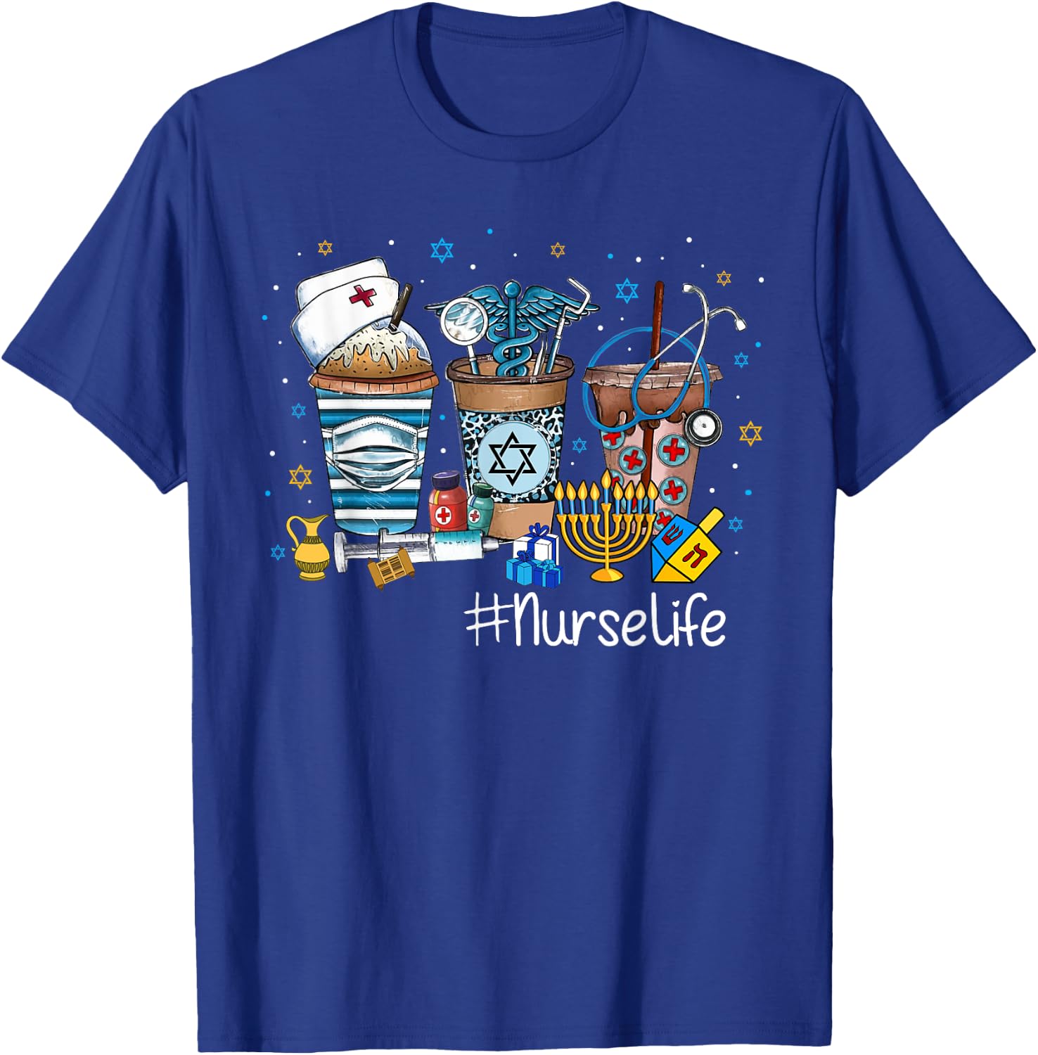 Happy Hanukkah Coffee Latte School Nurse Jewish Chanukah T-Shirt - T-Shirt | Royal