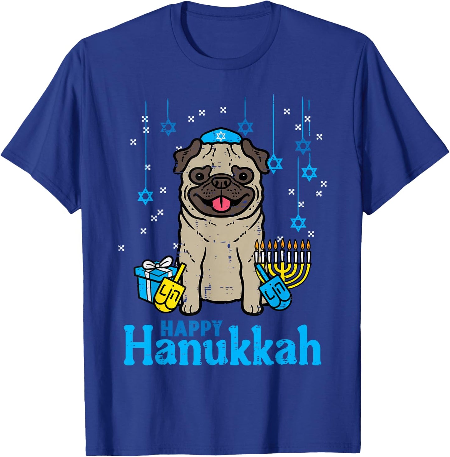Happy Hanukkah Dog Pug Cute Chanukah Jewish Men Women Kids T-Shirt - T-Shirt | Royal
