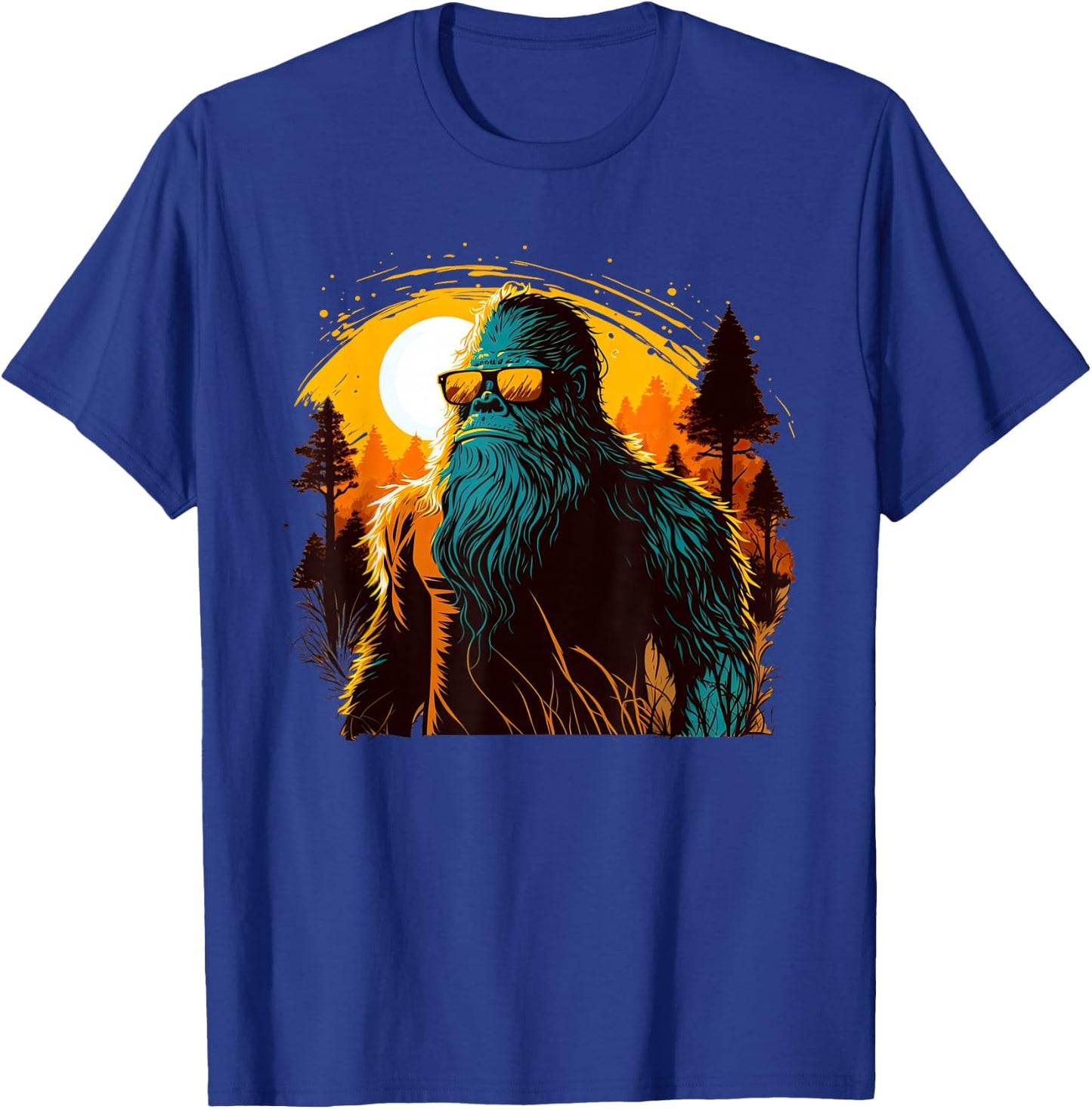 Cool Bigfoot Sasquatch Sunset Forest Retro Cryptid yeti T-Shirt - T-Shirt | Royal