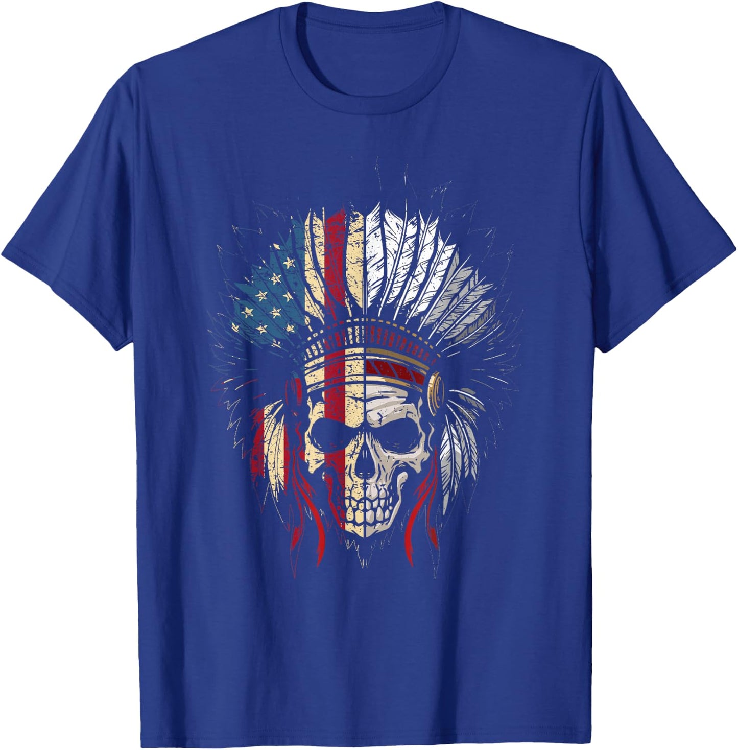 American Native Headdress USA Flag Indian Skull Women Men T-Shirt - T-Shirt | Royal