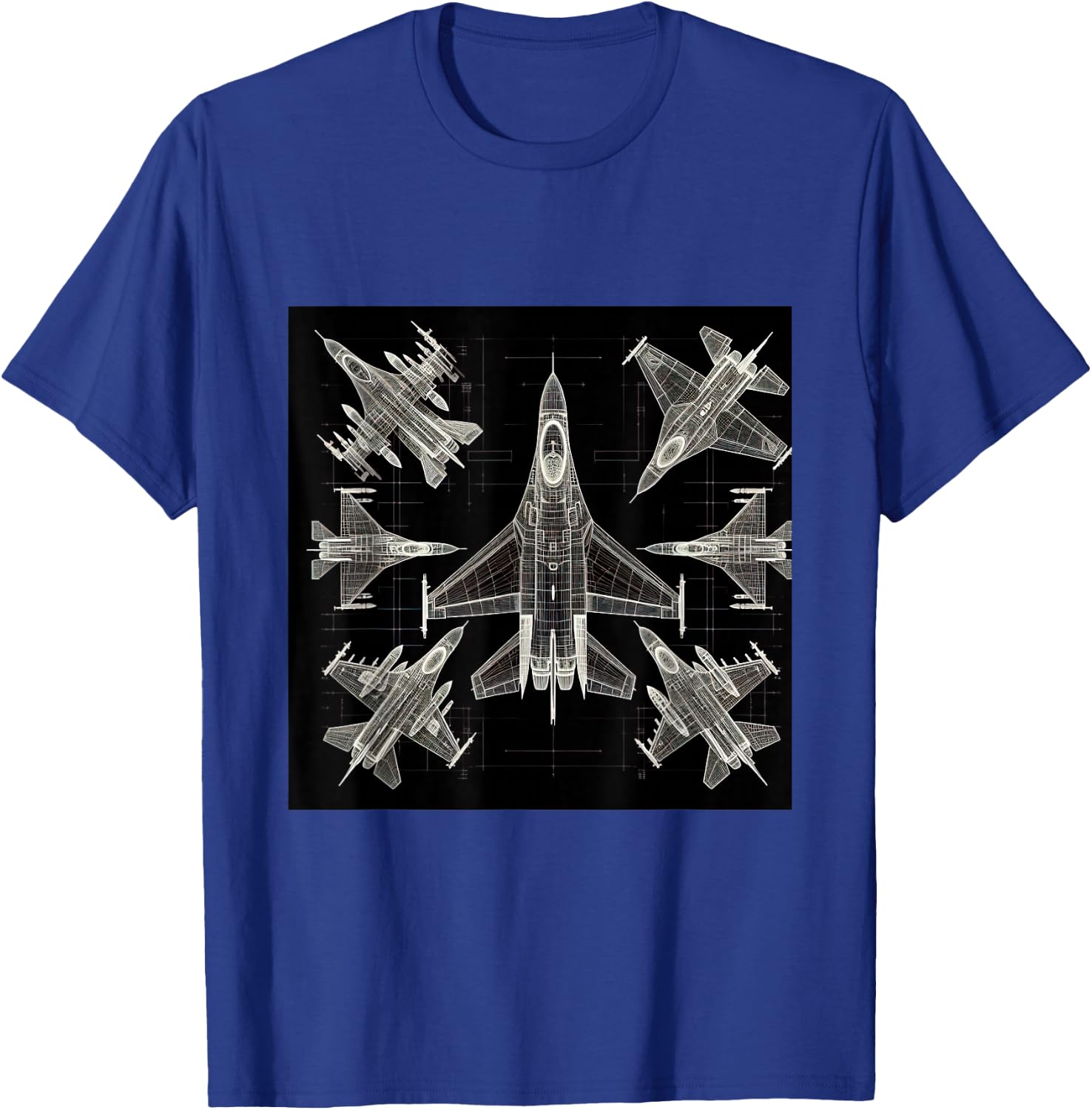 F16 Viper Jet Fighter Wireframe Blueprint T-Shirt - T-Shirt | Royal