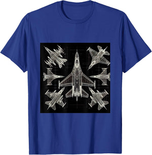 F16 Viper Jet Fighter Wireframe Blueprint T-Shirt - T-Shirt | Royal