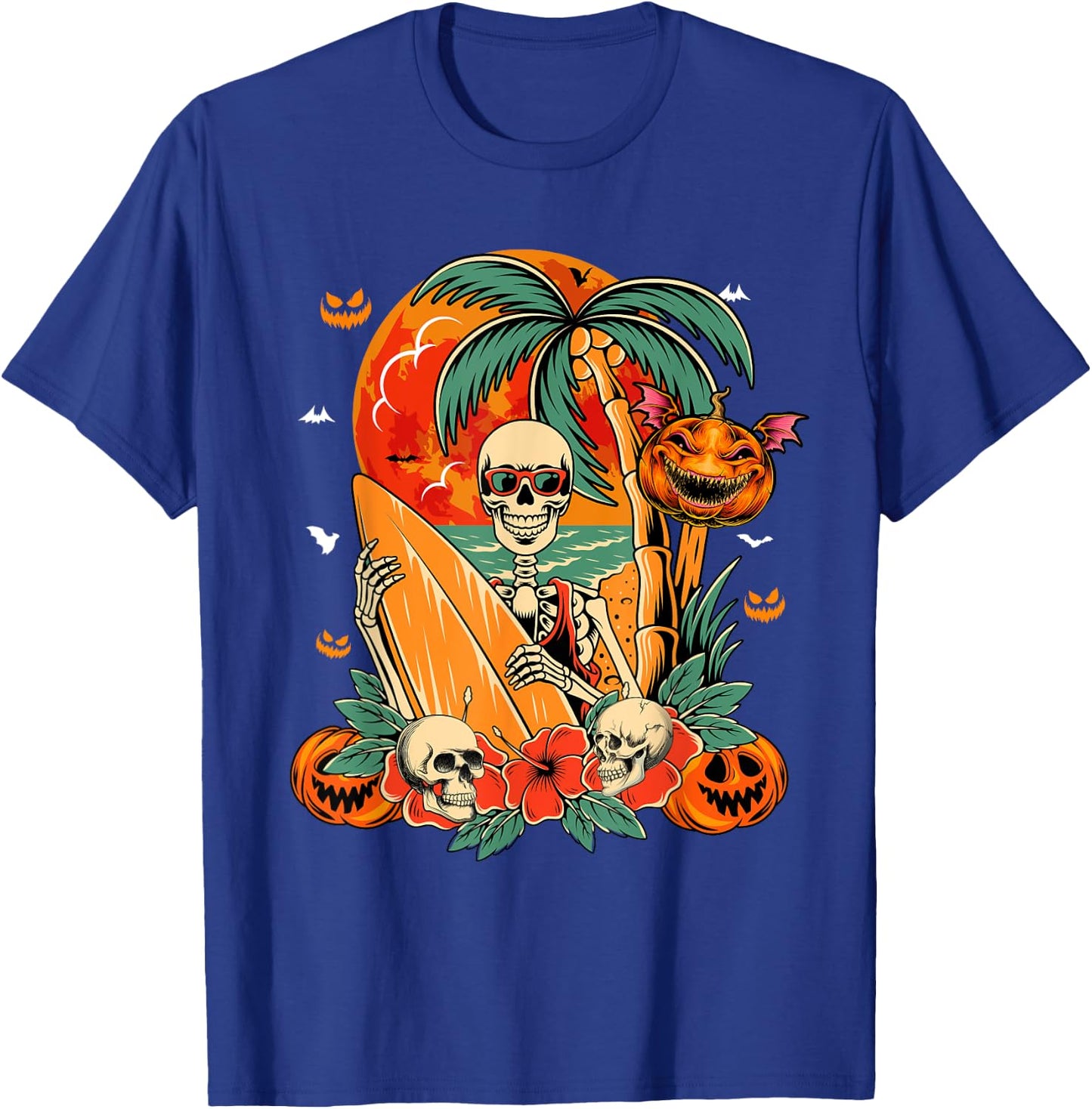 Skeleton Surfer Halloween Hawaiian Floral Carved Pumpkins T-Shirt - T-Shirt | Royal