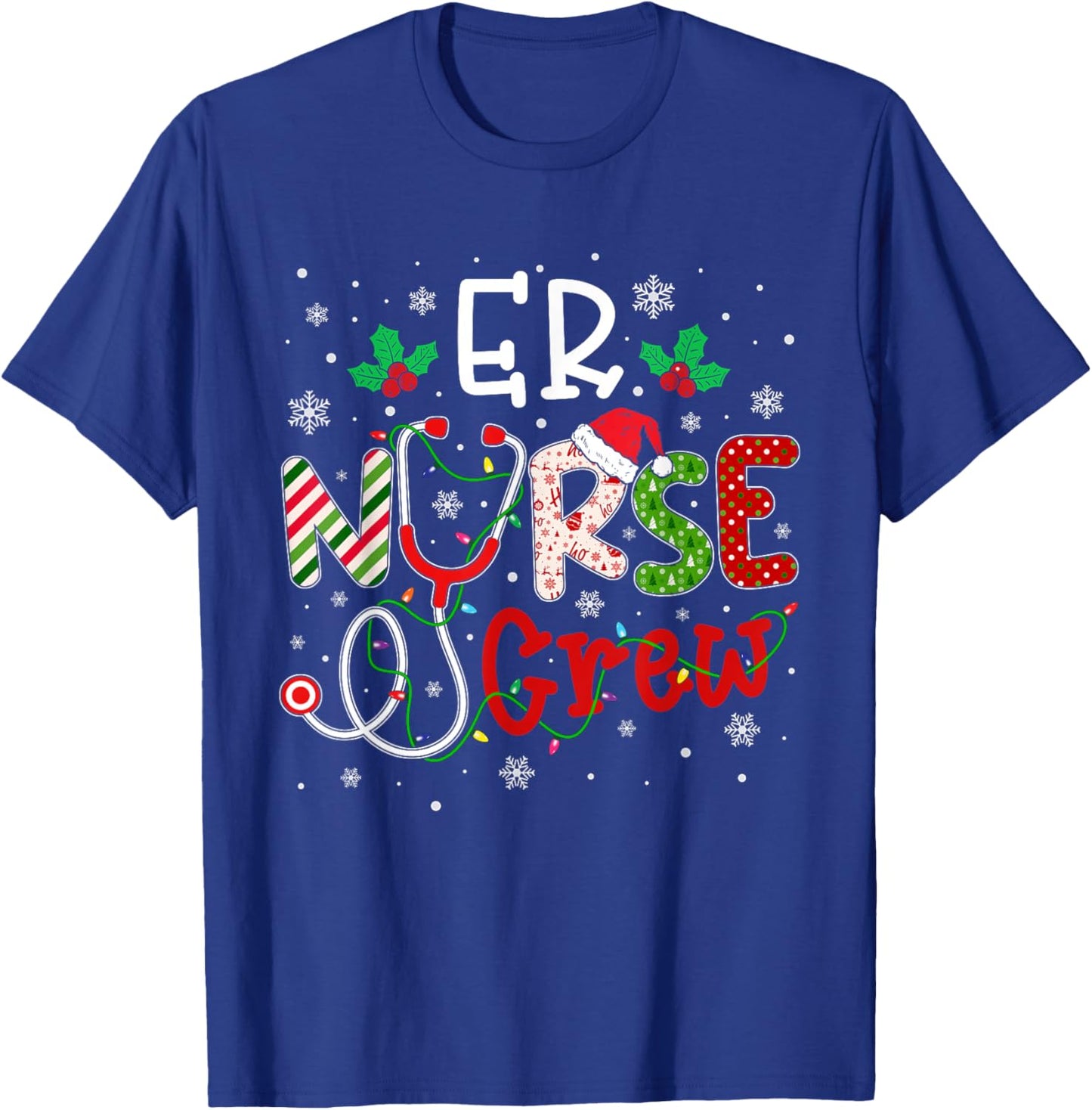 ER Christmas Nurse Crew Funny Nursing Christmas Pattern T-Shirt - T-Shirt | Royal
