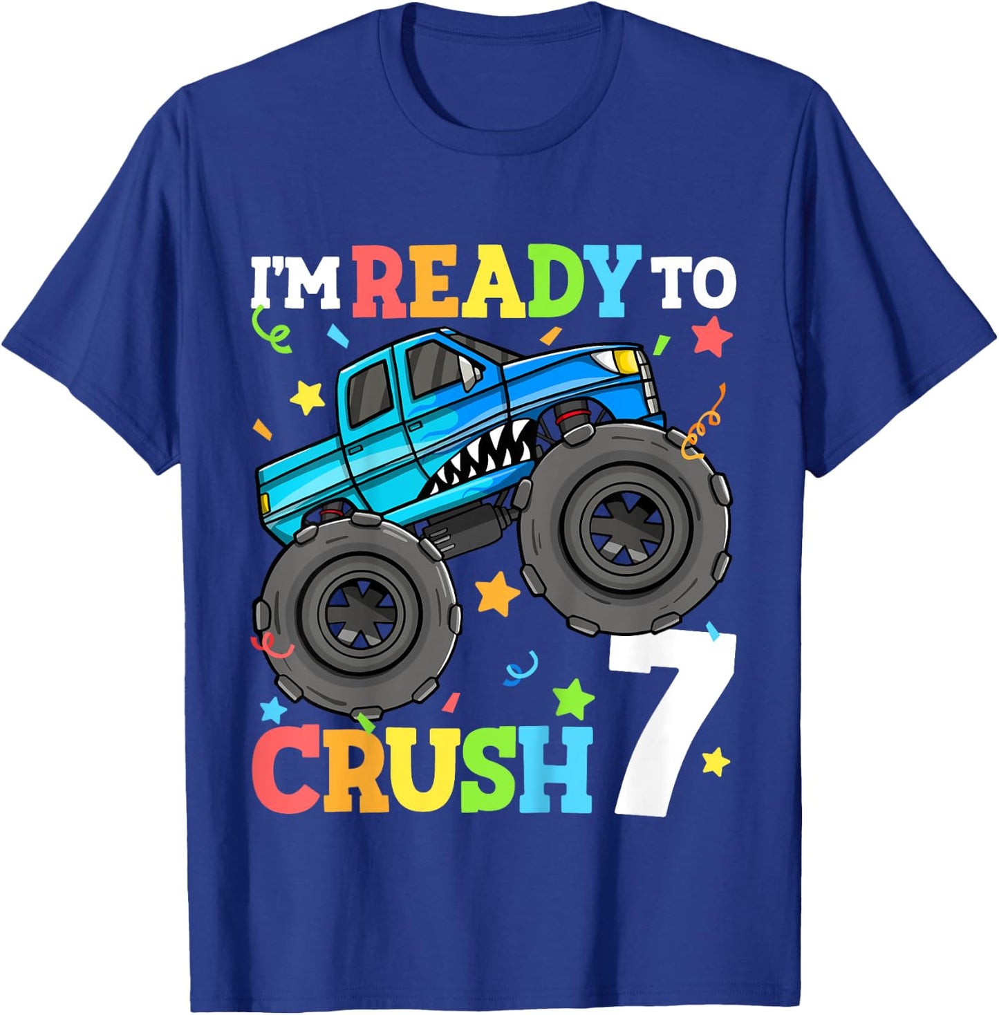 Kids Monster Truck Shark 7th Birthday Boy 7 Seven Year Old T-Shirt - T-Shirt | Royal