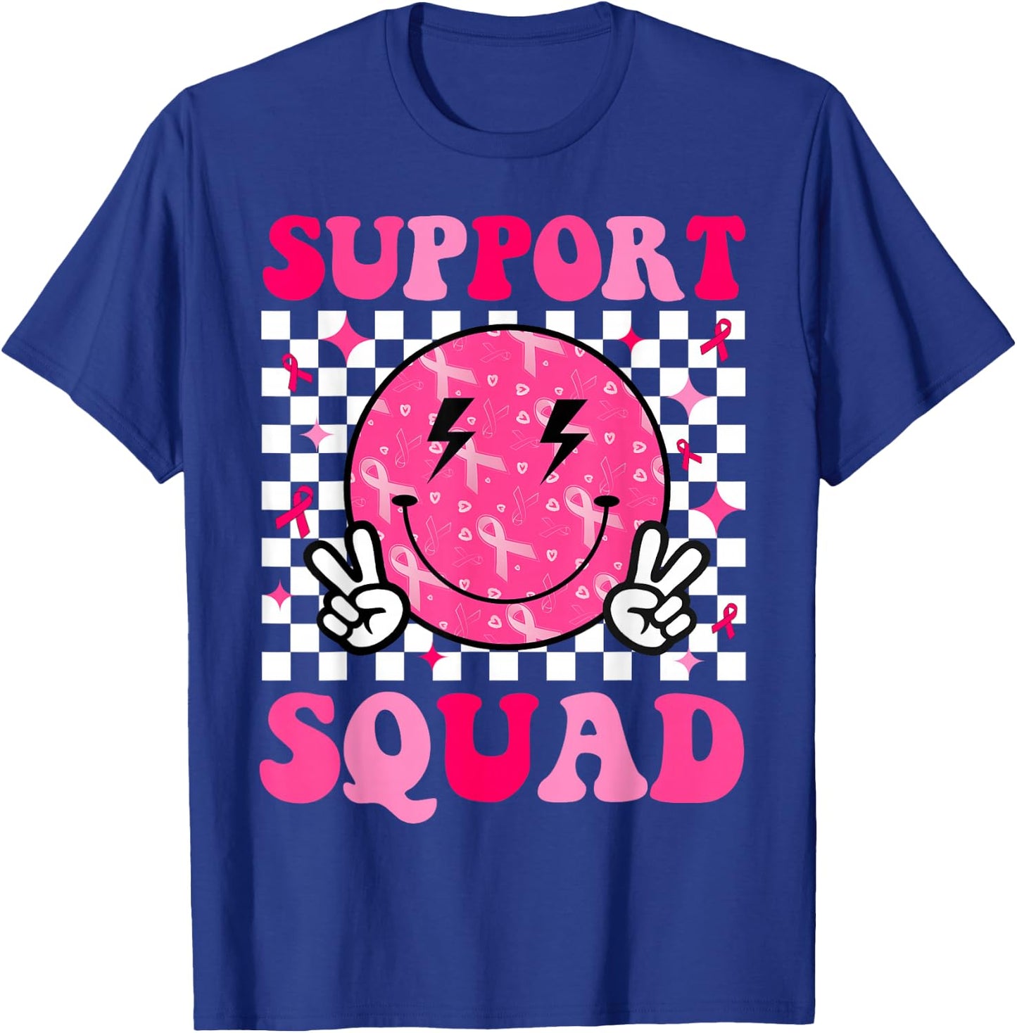 Support Squad Breast Cancer Awareness Pink Ribbon Smile Face T-Shirt - T-Shirt | Royal