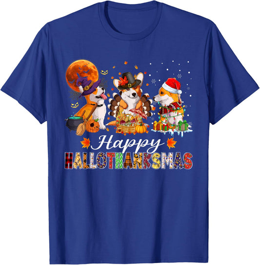 Corgi Dogs Halloween Thanksgiving Christmas Hallothanksmas T-Shirt - T-Shirt | Royal