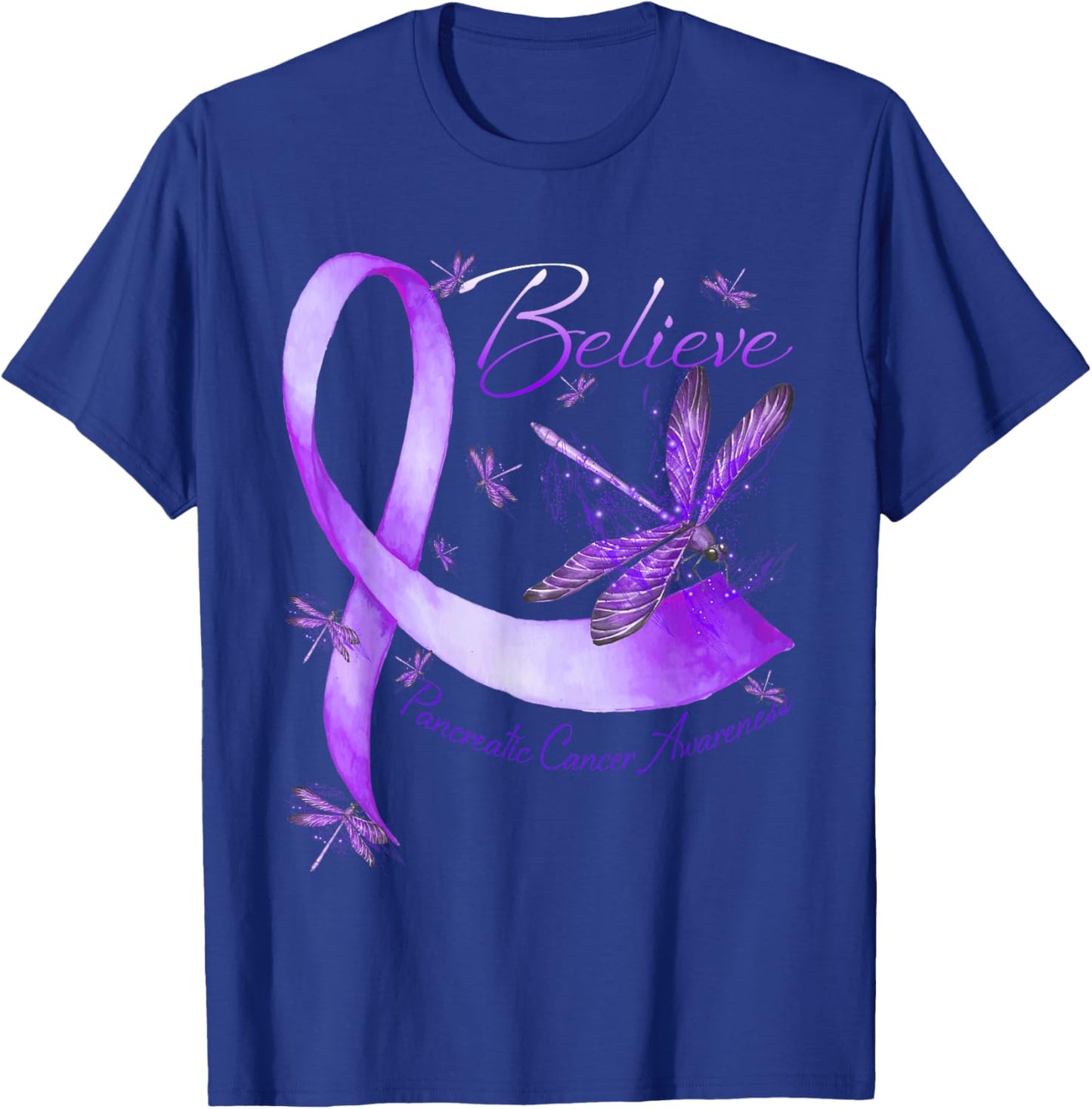 Believe Pancreatic Cancer Awareness Dragonfly Purple Ribbon T-Shirt - T-Shirt | Royal