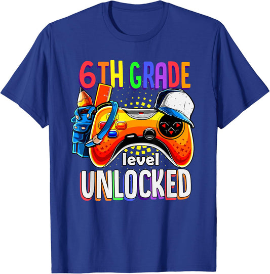 Gamer Back To School Gamepad Sixth 6th Grade Level Unlocked T-Shirt - T-Shirt | Royal