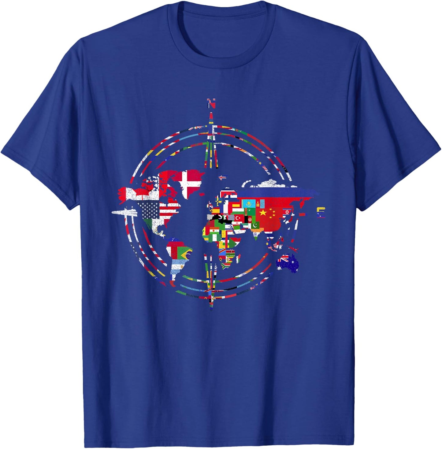 International Flags Compass World Travel World Map T-Shirt - T-Shirt | Royal