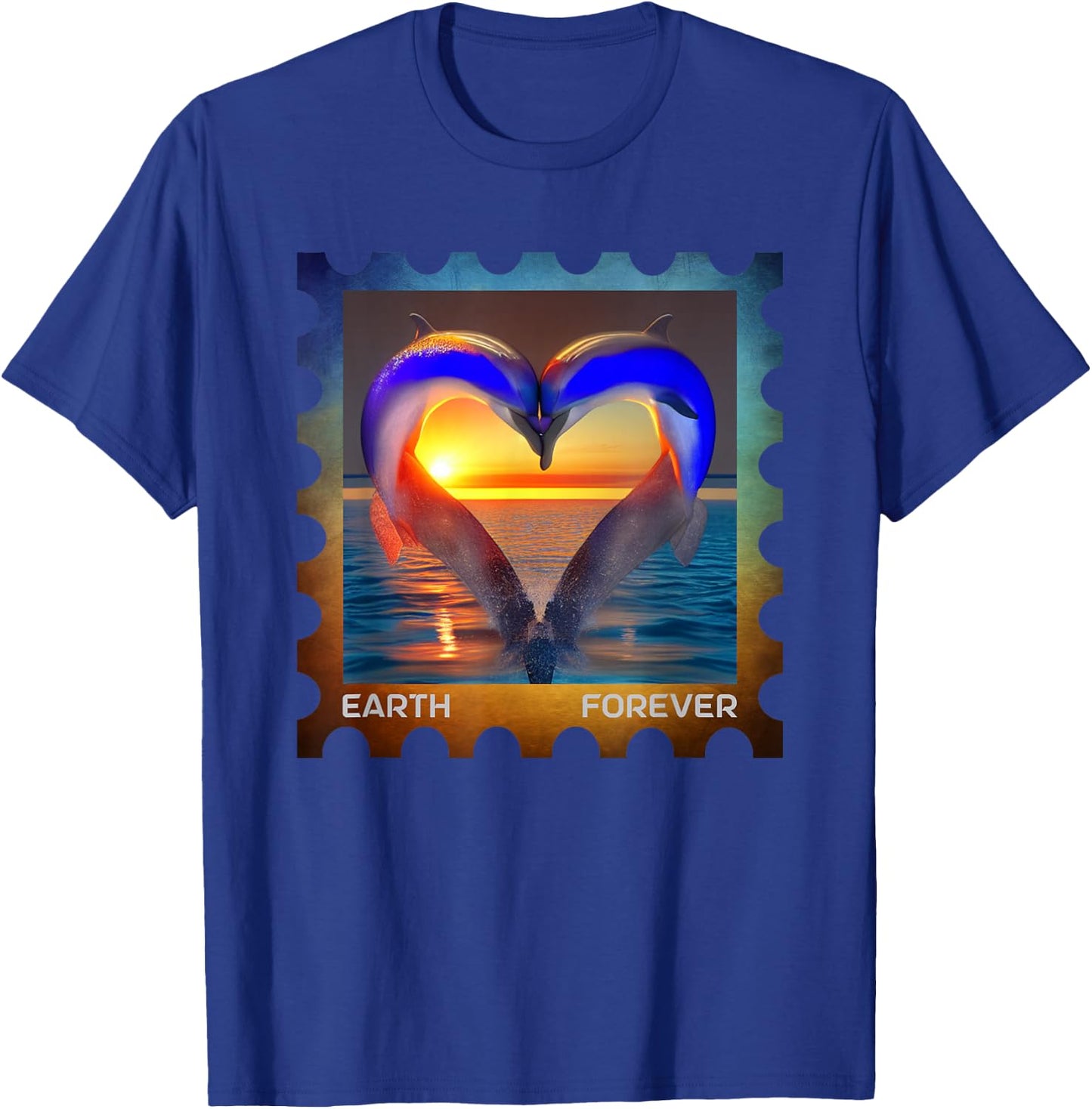 EARTH FOREVER Postage Stamp Ocean Sunset Heart Cute Dolphins T-Shirt - T-Shirt | Royal