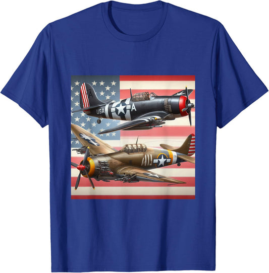 WW2 Airplanes American US Flag T-Shirt - T-Shirt | Royal