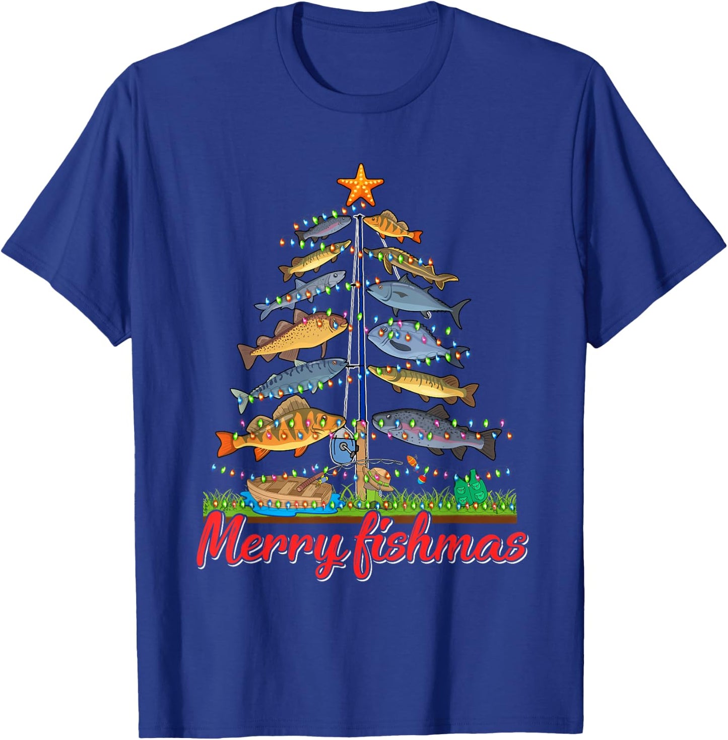 Merry Fishmas Funny Fisher Christmas Tree Fishing Pajama T-Shirt - T-Shirt | Royal