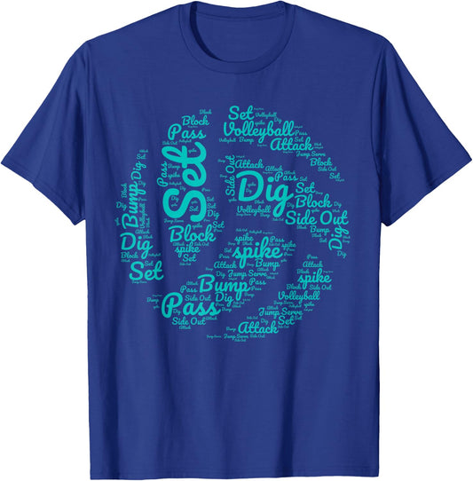 Volleyball Words Spike Dig Set Blue Teal Ball Design T-Shirt - T-Shirt | Royal