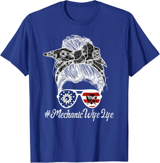 Mechanic Wife Life Wife Of A Mechanic Messy Bun T-Shirt - T-Shirt | Royal