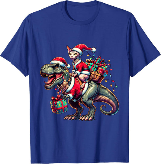 Adorable Sphynx Cat Rides Christmas T-Rex Santa for Sphynx T-Shirt - T-Shirt | Royal