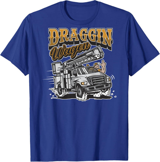 Lineman "Draggin Wagon" Bucket Truck Power Lineman T-Shirt - T-Shirt | Royal