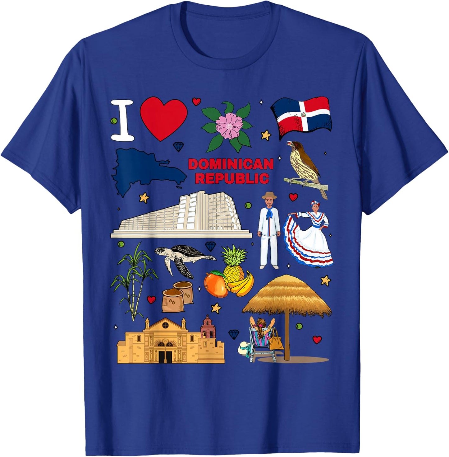 I Love Dominican Republic. Hand Drawn Landmarks, Flag, map T-Shirt - T-Shirt | Royal